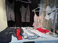 Overview of 8 ladies delicate garments including camisoles, a skirt, lace tops, and lingerie laid out on a table and hanging on hangers.