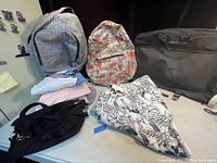 Photo showing all backpacks, hoodies, purse, and Artist's Loft bag arranged on a table.
