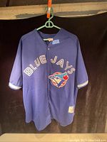 Blue Jays blue baseball jersey with 'BLUE JAYS' lettering and Blue Jays bird logo featuring red maple leaf on front. Button front and short sleeves with white accents.