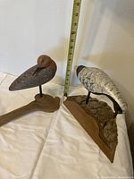 Both wooden birds placed side-by-side with measuring tape showing height.