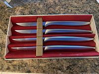 Set of 4 sleek stainless steel steak knives in original red-lined box, blades and handles visible, placed on kitchen counter.