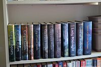 Bookshelf with thirteen hardcover Cassandra Clare books from Mortal Instruments and related series