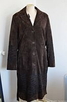 Front view of brown Danier suede jacket with decorative braid embroidery and button front closure on mannequin.