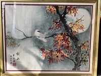 Full view of framed watercolor painting showing bird on maple branch under full moon with calligraphy and seal