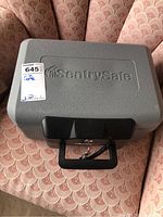 Full view of a gray SentrySafe portable security safe with black handle on a patterned pink fabric surface.