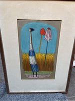 Front view of framed pastel showing stylized woman and two flowers