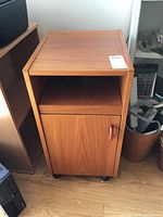 Front view of closed cabinet showing overall form, teak veneer finish, single door and casters visible at base.