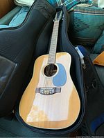 Full front view of the Westwood 12 string acoustic guitar laid in a soft black carrying case, showing natural wood finish and black pickguard.