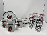Full set of 4 Apple Orchard appetizer plates, 4 matching mugs, and 4 vintage Collins glasses shown together.