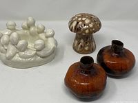 Group photo showing all four vintage ceramic pieces: two red pottery pots, white bird trinket holder, and mushroom figurine.