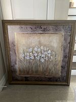 Full view of framed floral print artwork with white narcissus flowers and decorative background.