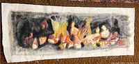 Full view of the oil on canvas painting showing the abstract silhouettes of people sitting in warm colors on a dark background