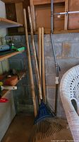 Four yard tools leaning in a corner: blue plastic leaf rake, metal leaf rake, two shovels with wooden handles.