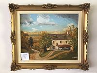 Framed oil painting showing the full artwork and ornate frame. Includes visible sticker with lot number 5. The artwork depicts an old mill building with surrounding trees and a dirt road.