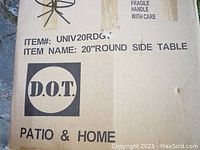 Box showing item details: 20" round side table by D.O.T. Patio & Home, model UNIV20RDG.