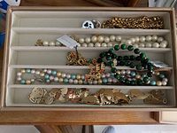 Top tray showing necklaces and gold-tone cat link bracelet