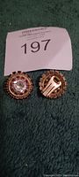 Photo showing front and back of jeweled clip-on earrings featuring clear and pink stones set in gold-tone metal.