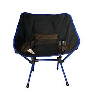 Front view of the black fabric portable chair on blue folding metal legs with stable foot caps.