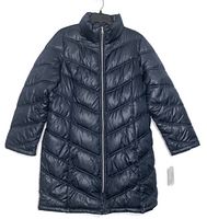Front view of the navy blue puffer jacket showing the chevron quilted pattern and front zipper.