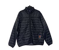 Full front view of black lightweight packable jacket showing its overall shape and design.