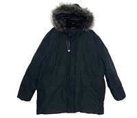 Front view of a black Marc New York Fullarton men's winter jacket, size 2XL, featuring fur-trimmed hood and large front pockets, showing full garment details and attached tags.
