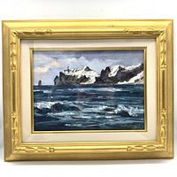 Front view of framed oil painting showing snow-covered cliffs and ocean waves.