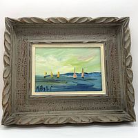 Full view of the framed original oil painting by Midori showing five sailboats on water with a green sky.