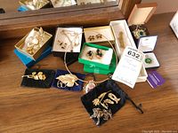 Wide view of costume jewellery on table showing boxes, pouches, necklaces, earrings, and brooches.