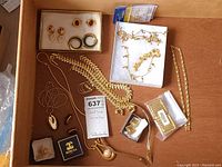 Full view of assorted costume jewellery including necklaces, earrings, brooches, and buckle arranged in a box