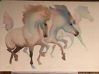 Three galloping horses in pastel tones, bottom left edition number and artist signature visible