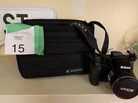 Nikon camera and Samsonite bag side by side
