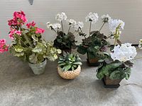 Five faux geranium plants, three white and two pink, in pots with green leaves and one small succulent in woven basket pot
