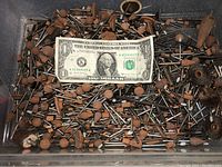 Plastic bin filled with a large assortment of Dremel abrasive grinding bits of various shapes and sizes with a one dollar bill placed on top for scale.