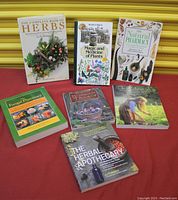 Six books on herbal medicine and natural healing arranged on red cloth.
