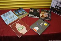 Seven diverse books arranged on a red surface including natural healing, dome building, fashion photography, vogue,and more.