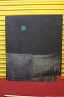 Full front view of the signed abstract painting with dark background, green orb and red accents at bottom right.