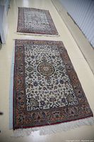 Two small rectangular oriental-style rugs laid out on a light-colored floor, showing pattern and size comparison.
