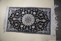 Photo of a small rectangular carpet with blue and white floral and medallion design and fringed edges