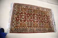 Full view of hand knotted oriental rug showing field pattern, border, and fringed ends