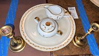 Full view of set including Lenox Golden Wreath platter, Heinrich lidded sugar bowl, creamer and brass candlesticks.