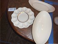 Overview photo of the three Lenox porcelain serving pieces: egg plate and two oval dishes