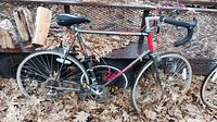 Side view of entire bicycle showing gray frame with red and black decals, tires deflated and resting on leafy ground.