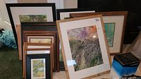 Photo showing eight framed interpretive landscape artworks by Samuel A Zervitz, grouped together with visible range of frame styles and sizes.