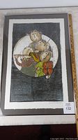Full framed lithograph image showing four musicians in colorful patterned clothing playing flute, saxophone, trumpet, and violin with a white circle background.