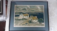 Framed silkscreen print depicting rural houses by a body of water, signed and numbered 23/300 by Josep M. Morato Aragones.