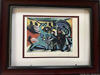 Full view of framed Picasso-style print with mat and glass showing colorful abstract piece with horses and figures.