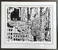 Front view of the entire framed lithograph showcasing the abstract cityscape design in black and white.