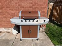 Front view showing full gas barbecue grill with five burners, side shelves, storage cabinet, and propane tank connected.