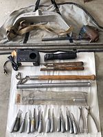 Photo showing an assortment of veterinary tools including a balling gun, twitch, calf puller rods, dehorner, Oster clippers with charger, and a row of dental instruments.