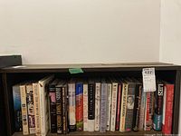 Photo of a shelf with various books, mostly hardcover, showing titles related to history, literature, and more.